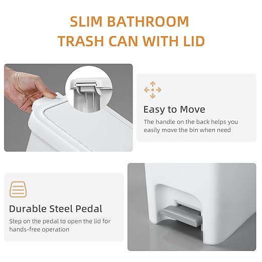 MOPALL Slim Bathroom Trash Can with Lid Soft Close, 21.5L/5.7Gal Bathroom Garbage Can with Press Top Lid & Foot Pedal, Step Trash Bin Wastebasket Waste Bin for Home, Kitchen, Garage, Apartment, Office