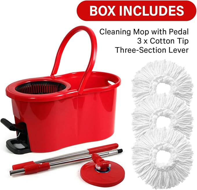 Pedal Spin Mop and 7LT Bucket Floor Cleaning System with 3 Extra Microfiber Mop Replacement Refills - Labor-Saving Foot Pressure Spin Mop with Adjustable Stainless Steel Handle for Floor Cleaning