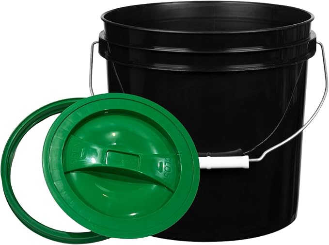House Naturals 2 Gallon Black Bucket with Green Screw on Lids, Food Grade, Made in USA containers (Black with Green lids)