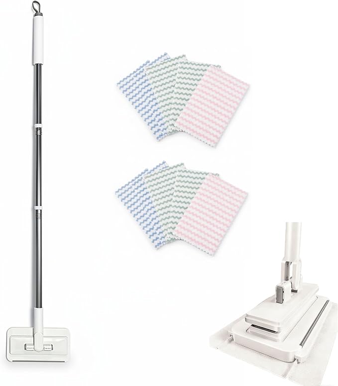 Snap Grip Mini Mop Stick with 39' Handle — Zero-Touch Gap Dust Cleaner & Locking Head, Lazy Mops Wet and Dry for Kitchen Bathroom Toilet Cleaning (1 mini mop+10 Cloths)