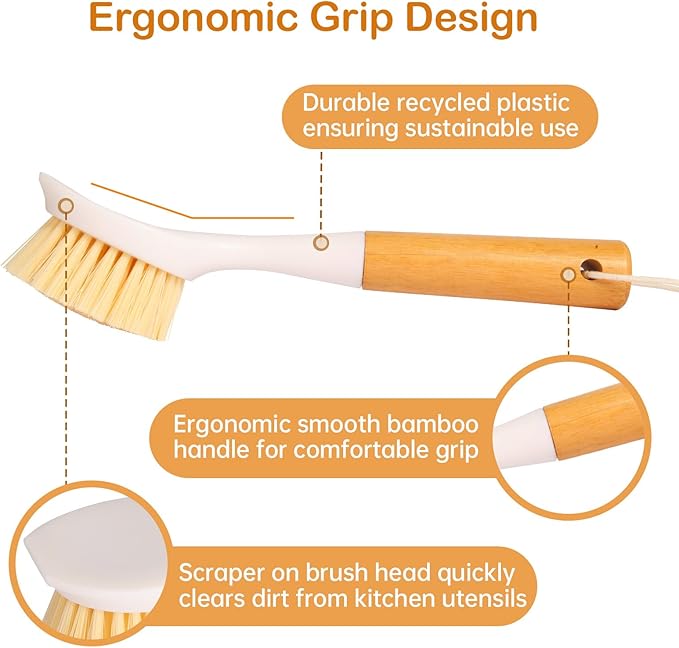 Cooptop 3 Pack Dish Brush Set with Bamboo Handle, Dish Scrubber Built-in Scraper, Kitchen Scrub Brush for Cleaning Cast Iron Cookware, Pans, Pots, Counter & Kitchen Sink (White)