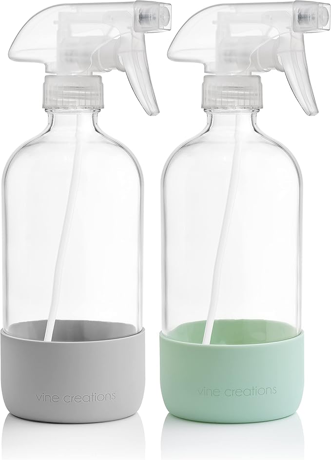 Vine Creations Glass Spray Bottles for Cleaning Solutions, Clear Glass Spray Bottle with Silicone Sleeve, 16 oz Empty Spray Bottles for Cleaning, Plant Spray Bottle, Mist and Stream Nozzle - 2 Pack