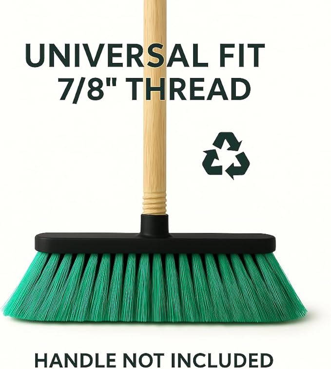 Healing Atlas Aria Green Broom Head – 13” Sweeping Width – Soft/Firm Magnetic Flagged Bristles – Universal Thread – Recycled PP – Daily Indoor Sweeper (Green, ARIA)