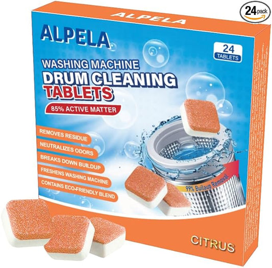 ALPELA Washing Machine Cleaner Descaler | Deep Cleaning Tablets For HE Front & Top Load Washer, Septic Safe Eco-Friendly Deodorizer, Clean Inside Drum and Laundry Tub Seal (Citrus Scent - 24 Count)