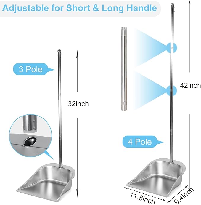 Large Size Heavy Duty Dustpan with Long Handle, VOOWO 43" Stainless Steel Dust Pan Standing Upright Dustpan, Indoor Outdoor Dust Pan with Handle for Kitchen and Home Office