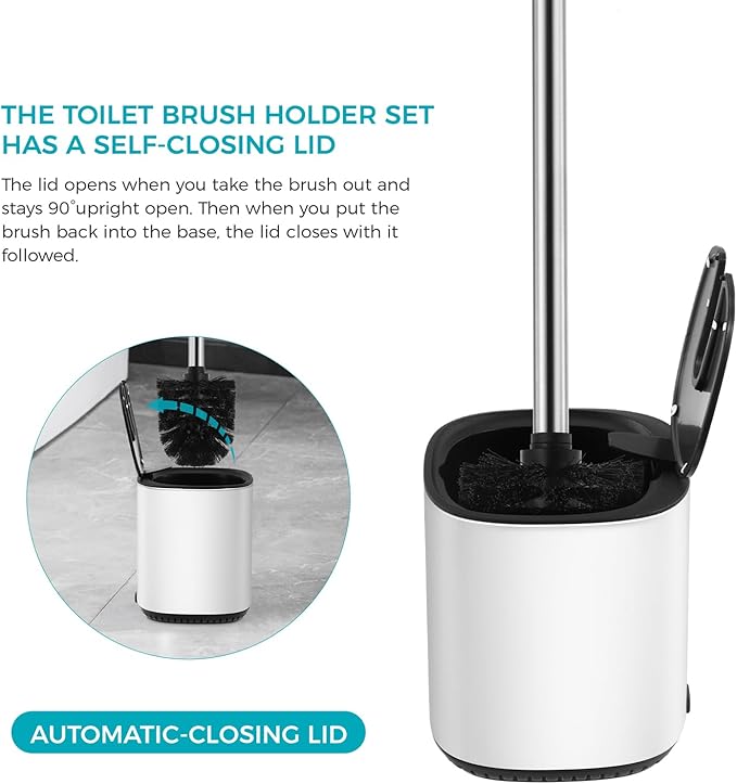 Toilet Brush and Holder Set Toilet Bowl Brush Stainless Steel Automatic Open lid Toilet Bowl Cleaner Brush with Durable Bristle Head Toilet Cleaning Brush for Bathroom (White, 1 Pack)