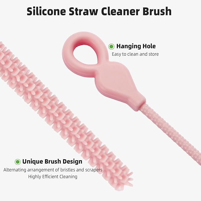 TenderBloom Silicone Straw Cleaner Brush, 4-Piece Reusable Straw Brush Set with Extra-Long Design for Cleaning Thin Metal Straws and Wider Milkshake Straws （6mm+9mm Pink)