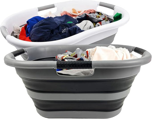 SAMMART 40L (10.5 Gallon) Collapsible Plastic Laundry Basket - Space Saving Storage Container/Organizer - Portable Washing Tub - Foldable Pop Up Hamper/Basket (2, Grey+ Black)