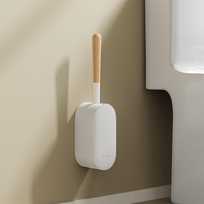 Toilet Brush and Holder, Diveotree Wooden Toilet Bowl Brush for Dead Corner Cleaning Wall Mounted Toilet Cleaner Brush for Bathroom Decor, Toilet Scrubber Brush for RV Bathroom (Round)