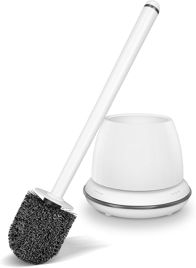 Toilet Brush and Holder Set, Black Toilet Bowl Brush with Solid Long Handle, Compact Toilet Scrubber, Toilet Bowl Cleaner Brush with No Leaks Ventilated Holder. RV, Bathroom Toilet Brush. Black. U