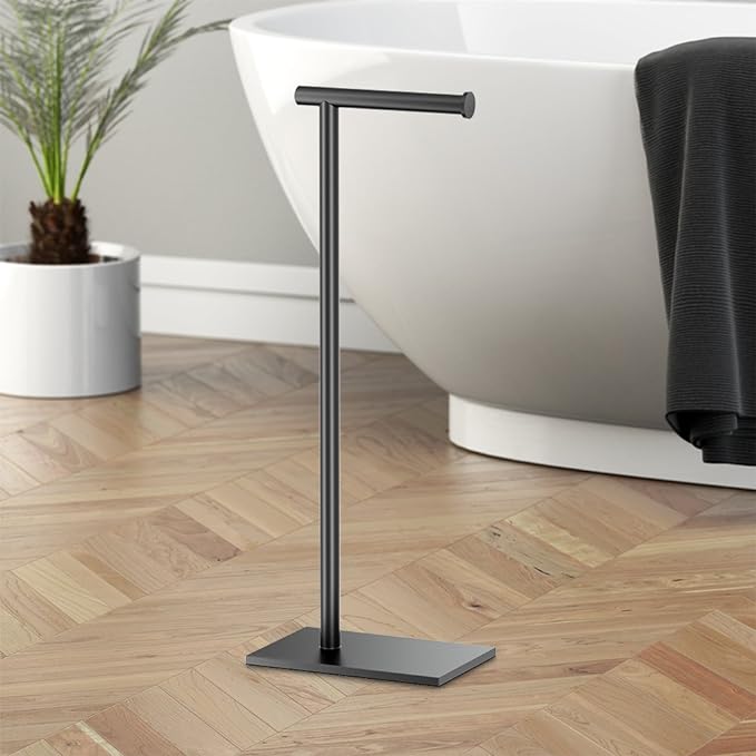 Gatco 1431MX Modern Square Base Toilet Paper Holder Stand, Matte Black, 22.25" H