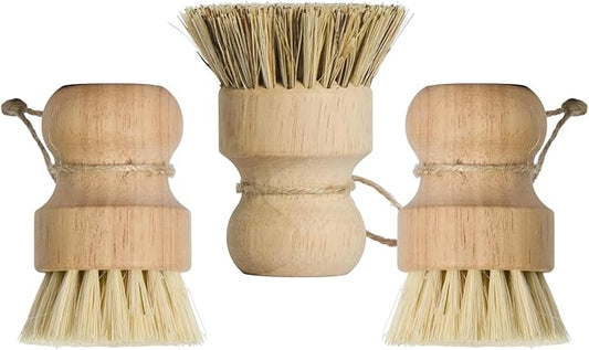 KUILONGT Pot Brush 3 Pack with Sisal and Coconut Coir, Wood Handle Scrub Brushes for Cast Iron Non-Stick Pans and Cookware