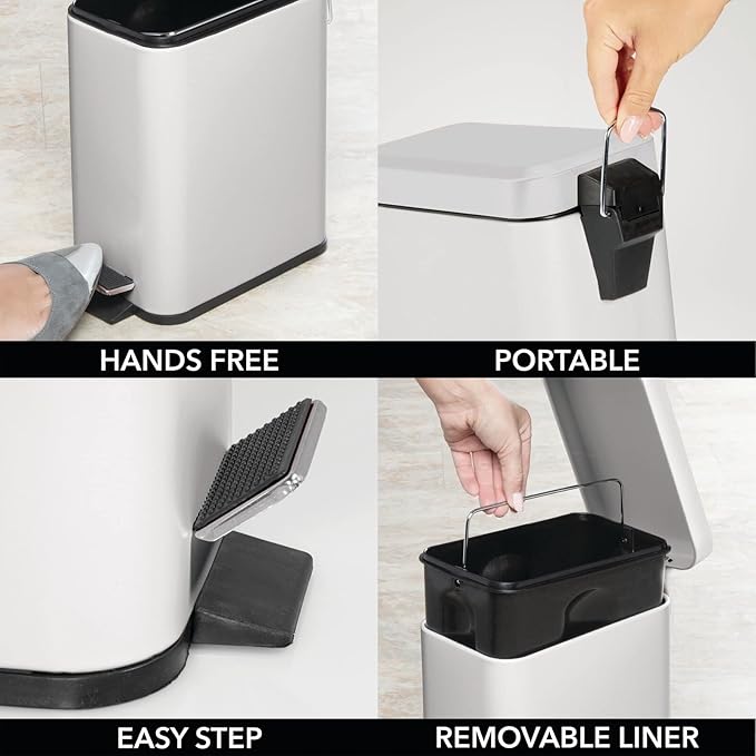 mDesign Pedal Bin — Waste Bin with Pedal, Lid and Plastic Bucket Insert Perfect for Bathroom, Kitchen, and Office — Metal Household Rubbish Bin with Ergonomic Design — Light Grey