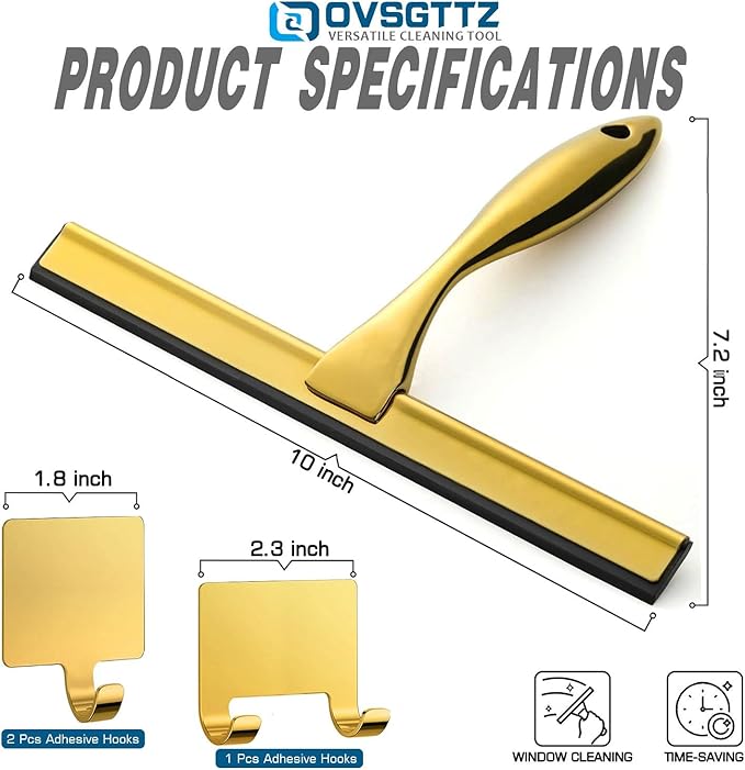 OVSGTTZ Stainless Steel Shower Squeegee for Glass Door with 3 Adhesive Hook, Glass Cleaning Squeegee for Bathroom & Household Window, Mirrors, Tiles and Car, Clear 10 Inches Golden