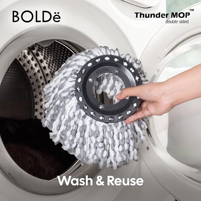BOLDë Thunder Mop Spin System - Double-Sided - 2 Compact Stackable 6L Buckets, Microfiber Head, Stainless Steel Wringer, Antifungal Quick-Dry Cleaning, Soap Dispenser, 3 Free Refills (Yellow/Blue)