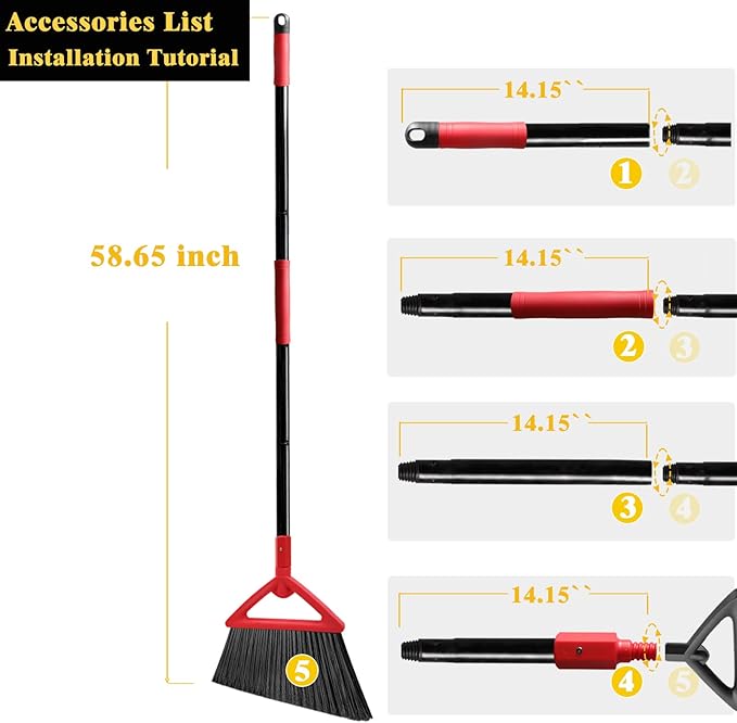 PUTNATRUE Heavy Duty Broom of Outdoor and Indoor, 4 Packs Upgraded Commercial Angle Brooms, Perfect Red Broom of House,Kitchen, Garage, Courtyard, Concrete