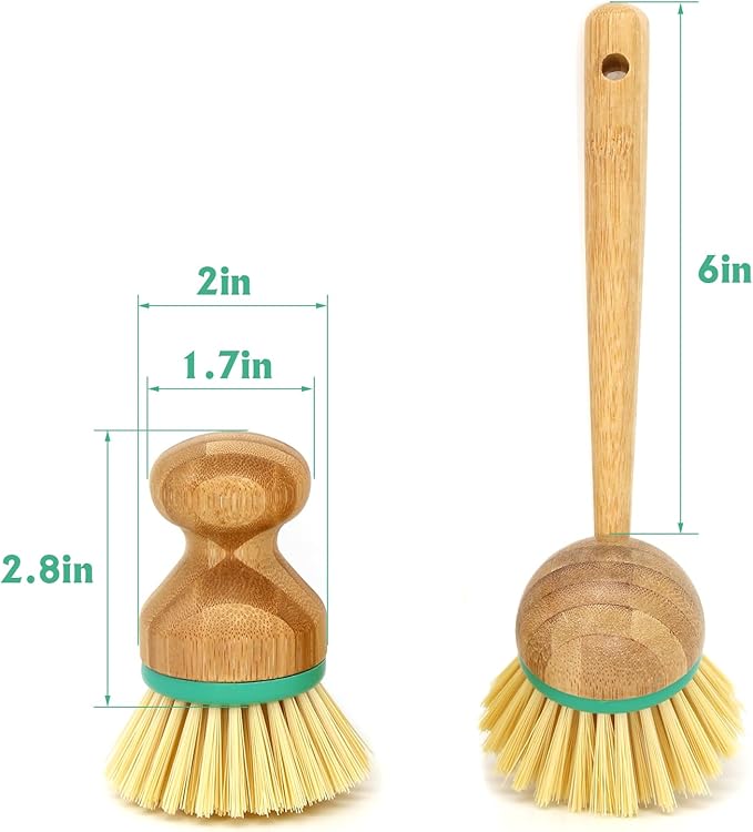 TOPULORS Set of 3 Bamboo Dish Scrub Brushes Wooden Handle Stiff Bristles Scrubbers for Cast Iron Pans Pots Vegetables Sink Cleaning - Durable Kitchen Dish Washing Brush (2 Mini and 1 Long Handle)…