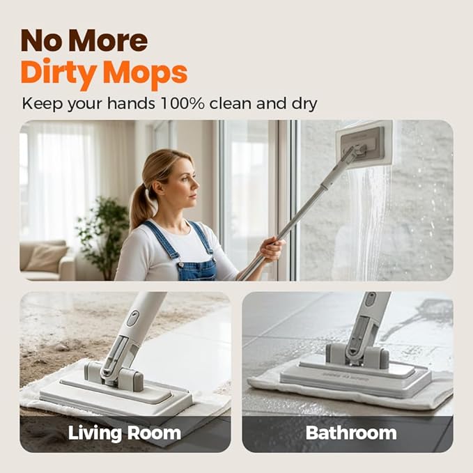 Snap Grip Mini Mop,Mini Sweeper Mop No-Touch Dirty Cleaning Flat Dust Mop for Dry Wet Disposable Pads,Corners Wall Multi Surface Cleaning (White 6.3x40 inch)