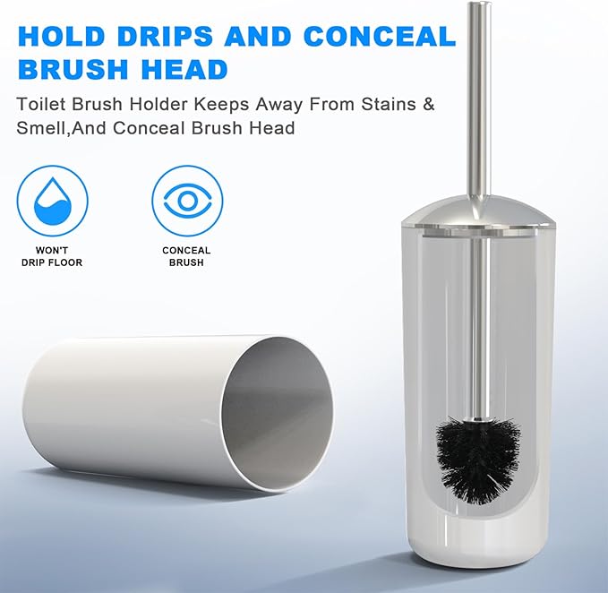 White Toilet Brush and Holder Set, 2 Pack – Toilet Brush White with Stainless Steel Handle, Non-Scratch Bristles, Compact and Drip-Free, Toilet Bowl Brush for Bathroom and Home Use