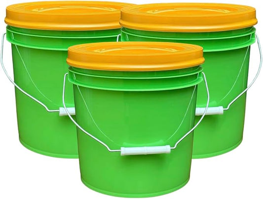House Naturals 2 Gallon Food Grade - BPA Free Made in USA Buckets Lime Color pails with Screw On Gasket Lids (3, Lime - Orange lids)
