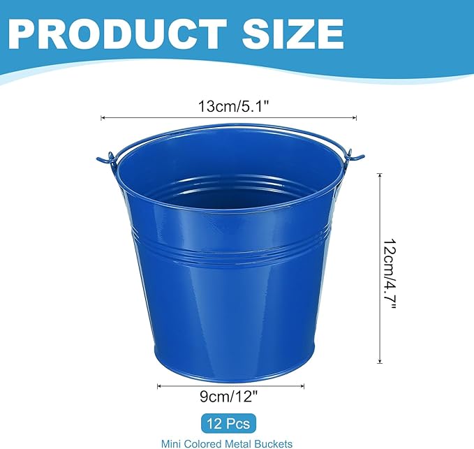 PATIKIL 5.1"x4.7" Small Metal Buckets with Handle, 12 Pcs Mini Galvanized Bucket Colorful Easter Buckets for Crafts Party Favors Decoration, Deep Blue