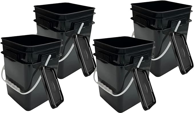 House Naturals 4 Gallon Square Food Grade Bucket Pail with Lid (Pack of 4) Made in USA containers (Black)