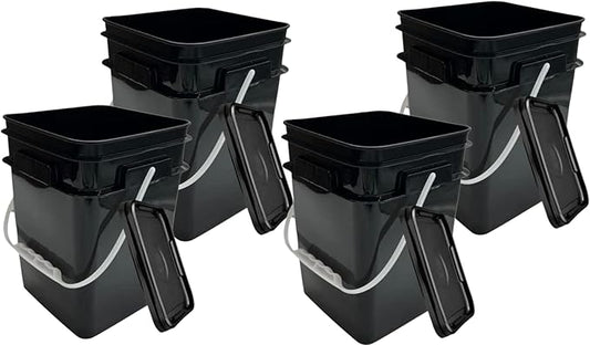 House Naturals 4 Gallon Square Food Grade Bucket Pail with Lid (Pack of 4) Made in USA containers (Black)