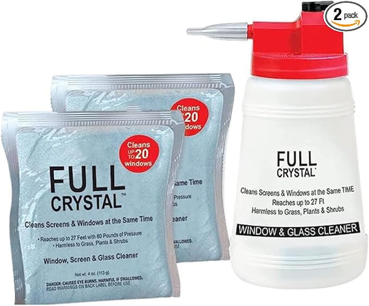 Full Crystal Window Cleaning Kit- 8 oz Glass Cleaner and Bottle with 27ft Reach will clean up to 40 Windows- Scrub Free, Rinse Free Glass Cleaner Spray Removes Dirt, Grime and Water Deposits