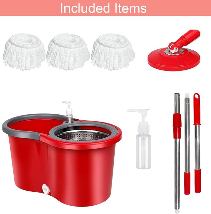 Spin Mop and Bucket with Wringer Set, 360° Spinning Mop Bucket System with 3 Microfiber Mop Replacement Heads Refills,56" Stainless Steel Extended Handle for Floor Cleaning Home(20QT) (Green) (Red)
