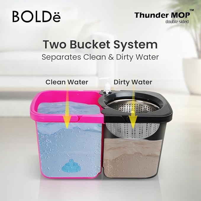 BOLDë Thunder Mop Spin System - Double-Sided - 2 Compact Stackable 6L Buckets, Microfiber Head, Stainless Steel Wringer, Antifungal Quick-Dry Cleaning, Soap Dispenser, 3 Free Refills (Black/Grey)