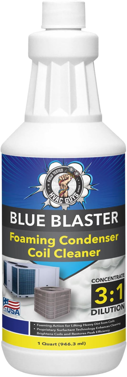 Blue Blaster AC Coil Cleaner Foam - Quart | Extreme Duty Formula for Outdoor AC Condenser Units | 3 to 1 Concentrate Makes 1 Gallon | HVAC Coil Cleaner Lifts Dirt and Grime from the Inside Out