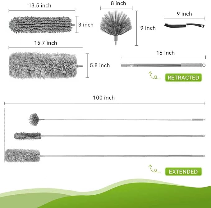 MimAuto 100-inch Duster with Extension Pole, 8-in-1 Cobweb Duster Kit Includes Chenille Head & Retractable Gap Cleaner, Spider Web Brush for High Ceiling, Fan, Car, and Home Cleaning