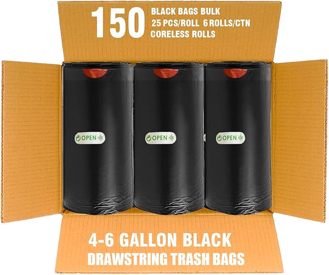 4-6 Gallon Trash Bags Drawstring, 150 Count Bulk Value Pack, Black & Unscented Multi-purpose Garbage Bags for Business Home Bathroom Kitchen Commercial and Industrial