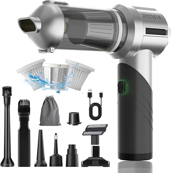 JPSTMVR Car Vacuum Cleaner, 18000PA Vacuum Portable Cordless, 4 in 1 Air Duster with LED Light and Multi-Nozzles, 120W High Power Rechargeable Foldable Vacuum Cleaner for Home, Office, Pet