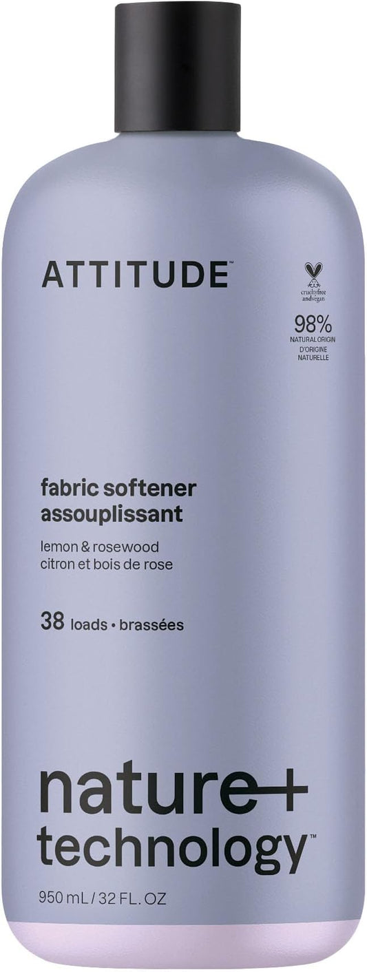ATTITUDE Liquid Fabric Softener, Natural Origin Ingredients, For White and Colored Clothing, Deodorizes, Gentle on Delicate Skin, Lemon & Rosewood, 38 Loads, 32 Fl Oz