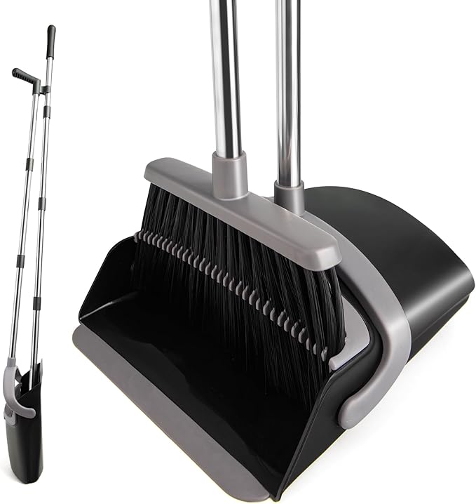 XXFLOWER Broom and Dustpan Set, Long Handle Lightweight Dustpans with Broom Combo for Home, Indoor&Outdoor Sweeping for Home Room Kitchen Office Lobby (Charcoal)