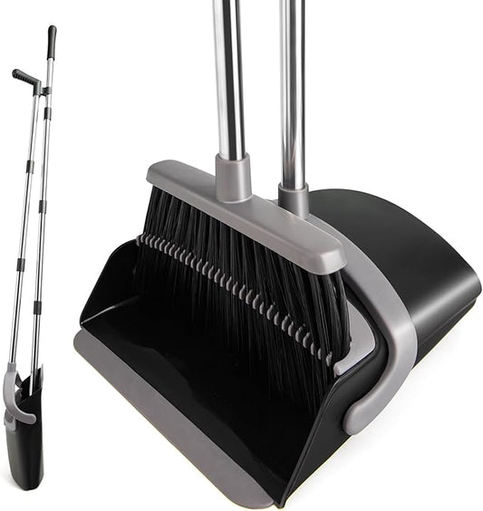 XXFLOWER Broom and Dustpan Set, Long Handle Lightweight Dustpans with Broom Combo for Home, Indoor&Outdoor Sweeping for Home Room Kitchen Office Lobby (Charcoal)