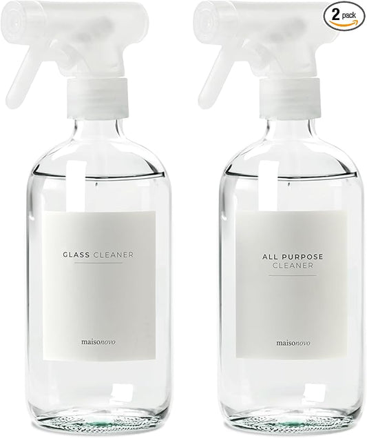 MaisoNovo Glass Spray Bottles for Cleaning - 16.9 fl oz Clear x 2 with 16 Labels