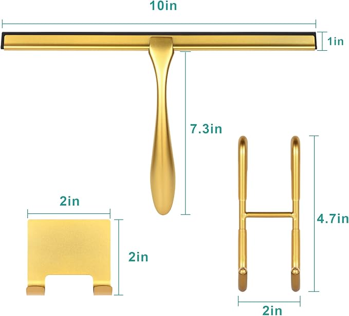 steauty Shower Squeegee for Glass Doors,10-Inch Shower Glass Squeegee, Gold Shower Squeegee for Shower Doors,Mirror,Windows, with Shower Door Hook and Adhesive Hook