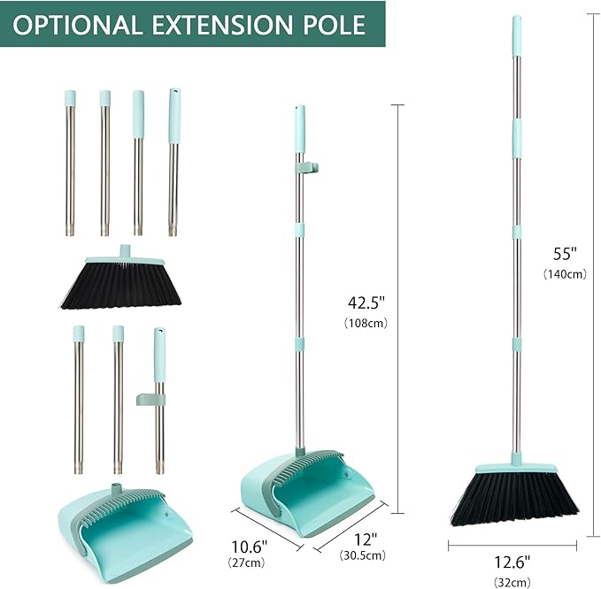 XXFLOWER Broom and Dustpan Set, Dustpans with Broom Combo for Home, Heavy Dust Broom and Dustpan Combo, Long Handle Dust Pan and Broom Set for Kitchen, Office, Pet Hair,Green, Pack of 1