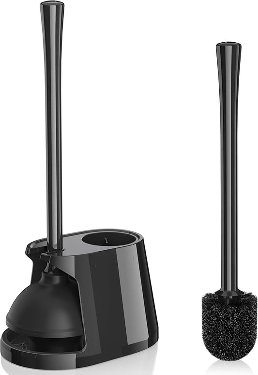 Toilet Plunger and Brush Set, Bowl Brush and Heavy Duty Toilet Plunger with Ventilated Holder, 2-in-1 Toilet Brush and Plunger Combo for Bathroom Deeply Cleaning（Black