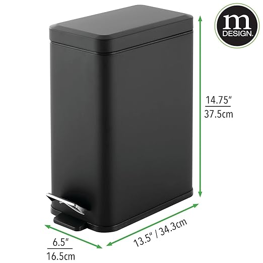 mDesign Pedal Bin — Waste Bin with Pedal, Lid and Plastic Bucket Insert for Bathroom, Kitchen, and Office — Metal Household Rubbish Bin with Ergonomic Design — Black