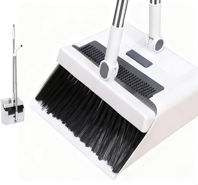 PAYWROK Upgrade Broom with Dustpan Combo Set，Long Handle Self-Cleaning Dust Pan and Brush Set 4-Row Dense Bristles，Indoor Broom Set (White)