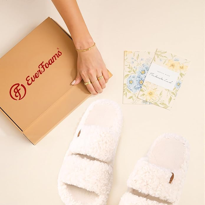 EverFoams Womens Fuzzy Open-toe Slippers Soft Comfy Memory Foam Indoor House Shoes
