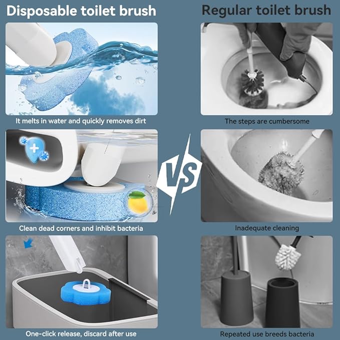 Dexmary Disposable Toilet Brush Set with Holder, Angled Cleaning Wand with 24 Refill Heads, Wall-Mounted Hygienic Toilet Cleaner (Ocean, Lemon, Lavender Scents)