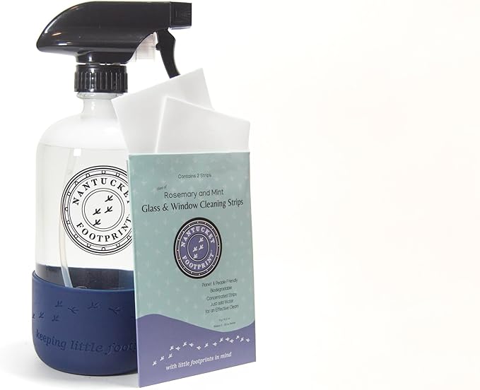 Nantucket Footprint Glass & Window Cleaning Spray - 16 oz - Just-Add-Water - 2 Concentrated Cleaning Strips + 16 oz Reusable Glass Spray Bottle