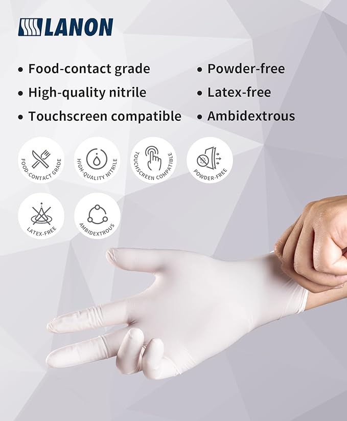 LANON Food Safe White Disposable Nitrile Gloves, Latex-Free, Powder-Free, Textured Fingertips, Cooking, Cleaning, Small