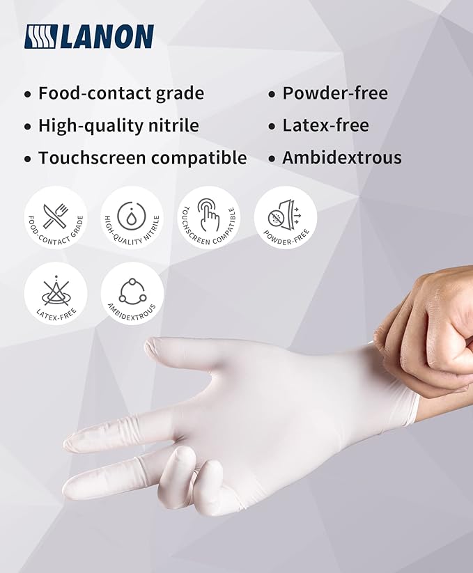 LANON Food Safe White Disposable Nitrile Gloves, Latex-Free, Powder-Free, Textured Fingertips, Cooking, Cleaning, XL