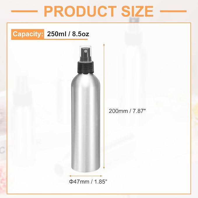 HARFINGTON Aluminum Fine Mist Spray Bottles 250ml/8.5oz Metal Small Liquid Alcohol Refillable Travel Container with Black Plastic Nozzle Cap for Perfume Skincare Cosmetic Storage Bottle