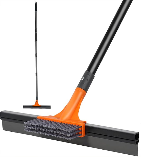 Rubber Floor Squeegee for Concrete Tile Floor, Large Water Squeegee Heavy Duty with Scrub Brush and Long Handle for Cleaning,Squeegee Broom for Window Garage Kitchen Bathroom Deck
